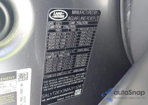 2021 Land Rover Range Rover Velar P250 R-Dynamic S из США, поврежденный, VIN SALYT2EX3MA311247